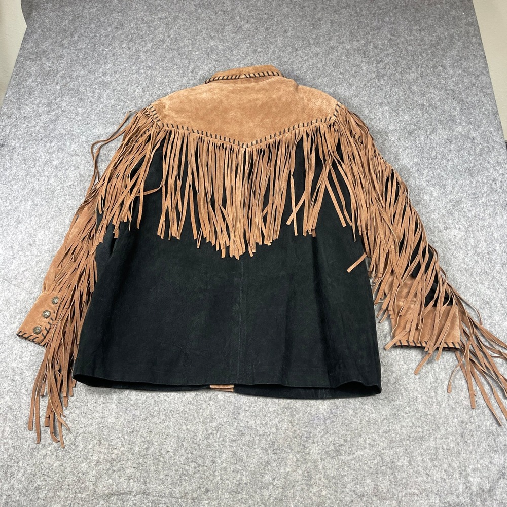 VTG Bob Mackie Wearable Art Suede Leather Jacket Black Tan Fringe Whipstitch Med - Picture 2 of 9